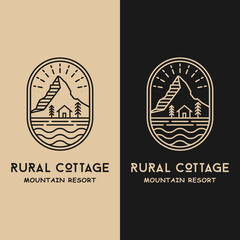 Cottage House and Mountain in Line Style Logo Design Template. Suitable for Agriculture Farming Town Rural Business Brand Company Corporate Badge Emblem Stamp Logo Design.