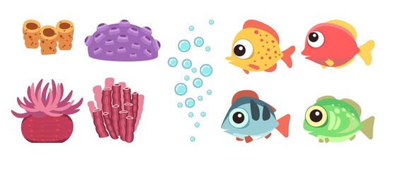 Set of marine objects: corals, plants, fish, algae and bubbles. Underwater. Aquarium or sea. Summer water. Isolated on white background. Illustration in cartoon style. Flat design. Vector art