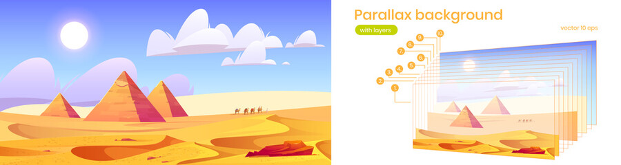 Fototapeta na wymiar Desert landscape with Egyptian pyramids and camels on sand dunes. Parallax background with layers for animation scrolling effect. Vector cartoon illustration of desert with pharaoh tombs and caravan
