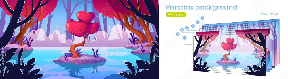 Poster fantasy tree with hearts shape crown in forest pond. vector parallax background for 2d game with car