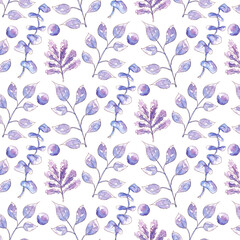 Hand drawn watercolor winter seamless pattern with plant. Botanic illustration.