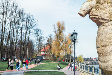 Kaliningrad, Russia - April 18, 2021: The Upper Pond embankment