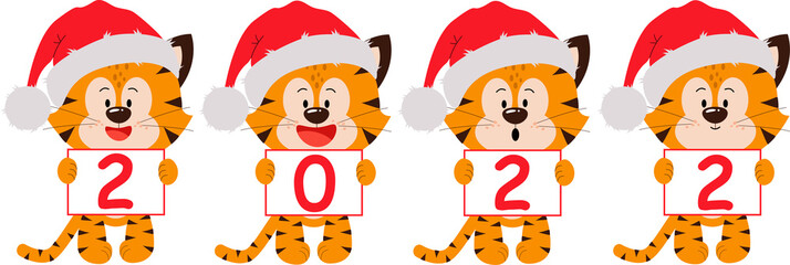Four tiger cubs with signs. The year is 2022. Vector illustration for postcards, banners, the Internet, decor, design, art, calendar.