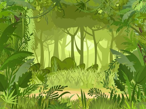Sandy glade. Jungle background. Plants rainforest. Beautiful green landscape with exotic trees and palms. Cute cartoon style. Vector.