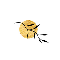 Branch with an abstract round spot. Artistic floral minimalist print. Isolated black silhouette of a plant with golden drops. Modern watercolor shapes with leaves, acrylic ink blobs. Vector element