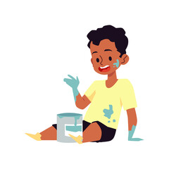 Little happy kid boy sitting on floor with can of paint a vector illustration.