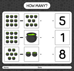 How many counting game with cauldron. worksheet for preschool kids, kids activity sheet