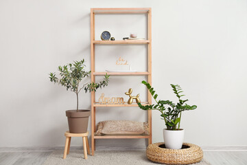 Stylish interior of modern room with shelf unit and houseplants