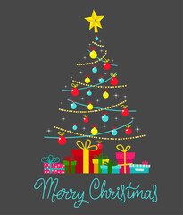 Postcard, Christmas tree with gifts. Merry Christmas. Greeting card template "Year of the Tiger" 2022. Happy New Year.