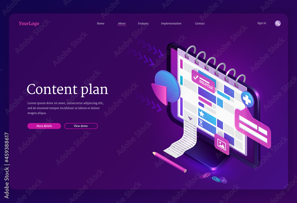 Poster content plan banner. service for organization work in social media, optimization tasks, marketing ma