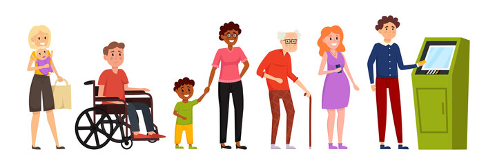 People are waiting in line near ATM machine. Crowd standing in queue to atm. Bank terminal. Financial transactions. Vector illustration.