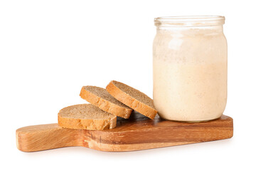 Fototapeta na wymiar Jar with fresh sourdough and bread slices on white background
