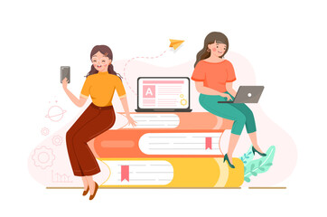 Software for online learning. Happy university girls using mobile phone and laptop on pile of books with computer on. Modern reading, web courses or tutorials. Education vlog. Flat vector illustration