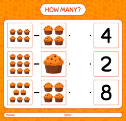 How many counting game with cupcake. worksheet for preschool kids, kids activity sheet