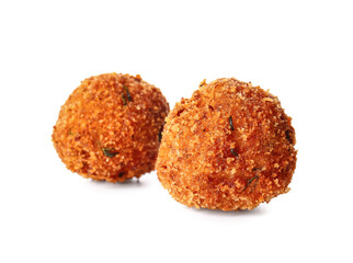 Tasty cod cutlets on white background