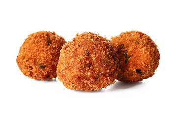 Tasty cod cutlets on white background