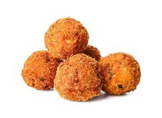 Tasty cod cutlets on white background