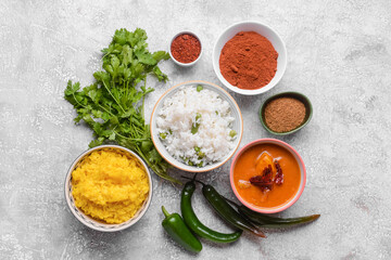 Traditional Indian food and spices on grunge background