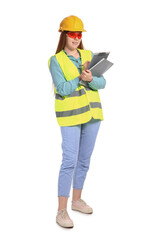 Young female engineer on white background