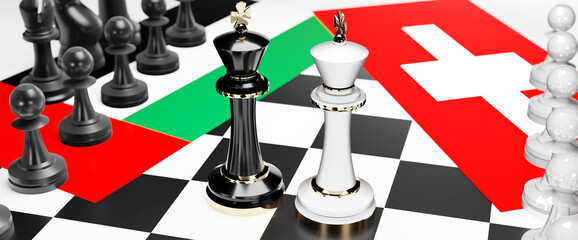 United Arab Emirates and Switzerland conflict, standoff, impasse and debate between those two countries that lead to a trade deal symbolized by a chess game with national flags, 3d illustration