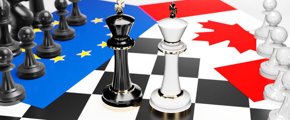 EU Europe and Canada conflict, clash, crisis and debate between those two countries that aims at a trade deal and dominance symbolized by a chess game with national flags, 3d illustration