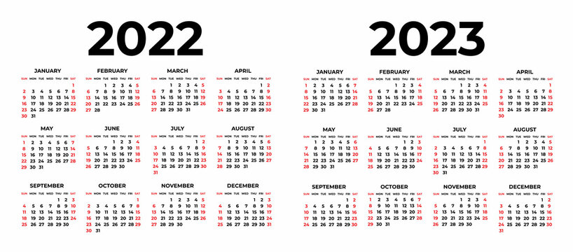 Calendar for 2022 and 2023 on white background