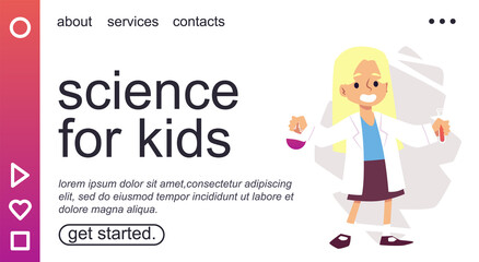 Science for kids banner with girl scientist in lab, flat vector illustration.