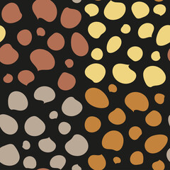 Seamless pattern of spots of different shapes and colors, natural pattern of pebbles and dark background, pattern for decoration or textile