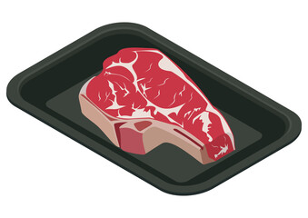 A piece of fresh meat in a plastic container, isometric view. 3D rendering. Vector illustration.