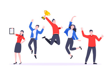 Fototapeta na wymiar Happy business team employee team winners award ceremony flat style design vector illustration. Employee recognition and best worker competition award team celebrating victory winner business concept.