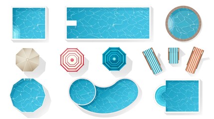 Swimming pools and outdoor furniture top view for design. Set of forms: rectangular, square and circular pool. Chairs, sunbeds, umbrellas. Vector flat. Kit of Outdoor elements isolated on white.