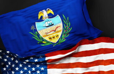 Flag of Allegheny County Pennsylvania along with a flag of the United States of America as a symbol of unity between them, 3d illustration - obrazy, fototapety, plakaty