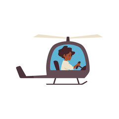 Cute child boy flying helicopter, flat cartoon vector illustration isolated.