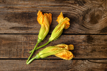 Flowers of zucchini on wooden background