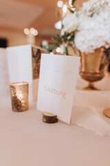 Tischdekoration Hochzeit Location Kerzenständer gedeckter Tisch Menükarten 