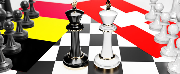 Belgium and Switzerland conflict, clash, crisis and debate between those two countries that aims at a trade deal and dominance symbolized by a chess game with national flags, 3d illustration