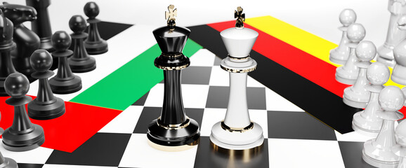 United Arab Emirates and Germany conflict, clash, crisis and debate between those two countries that aims at a trade deal and dominance symbolized by a chess game with national flags, 3d illustration