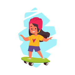 Happy skateboarder little girl in helmet, flat vector illustration isolated.