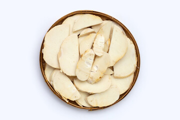 Bamboo shoots in bamboo basket on white background