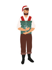 Happy bearded man holding gift box. Male standing in Santa Claus hat and red jacket. Smiling character design for Christmas cards or New Year banners. Vector isolated illustration.