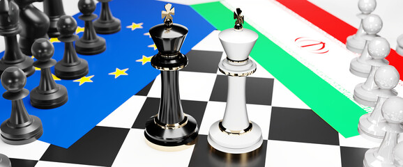 EU Europe and Iran conflict, clash, crisis and debate between those two countries that aims at a trade deal and dominance symbolized by a chess game with national flags, 3d illustration