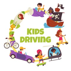 Obraz na płótnie Canvas Banner with kids driving different transportation vector illustration isolated.