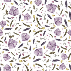 Cozy purple grey seamless vintage watercolor hand drawn pattern with letters, leaves, keys, feathers, arrows, petals on a white background. Ideal for wrapping paper, textile, notebooks.