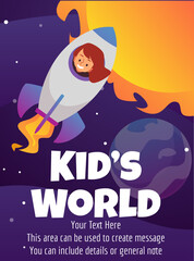 Kids world banner with child in space on rocket, flat vector illustration.