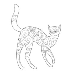 Contour linear illustration for coloring book with decorative domestic cat. Beautiful animal,  anti stress picture. Line art design for adult or kids  in zen-tangle style, tattoo and coloring page.