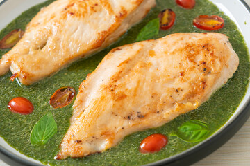 grilled chicken steak with pesto sauce