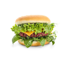 Tasty vegetarian burger on white background