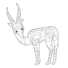 Contour linear illustration for coloring book with decorative gazelle. Beautiful animal,  anti stress picture. Line art design for adult or kids  in zen-tangle style, tattoo and coloring page.