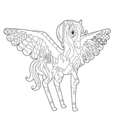 Contour linear illustration for coloring book with decorative fancy pegasus. Beautiful animal,  anti stress picture. Line art design for adult or kids  in zen-tangle style, tattoo and coloring page.