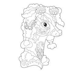 Contour linear illustration for coloring book with decorative dog head. Beautiful pet, animal,  anti stress picture. Line art design for adult or kids  in zen-tangle style, tattoo and coloring page.